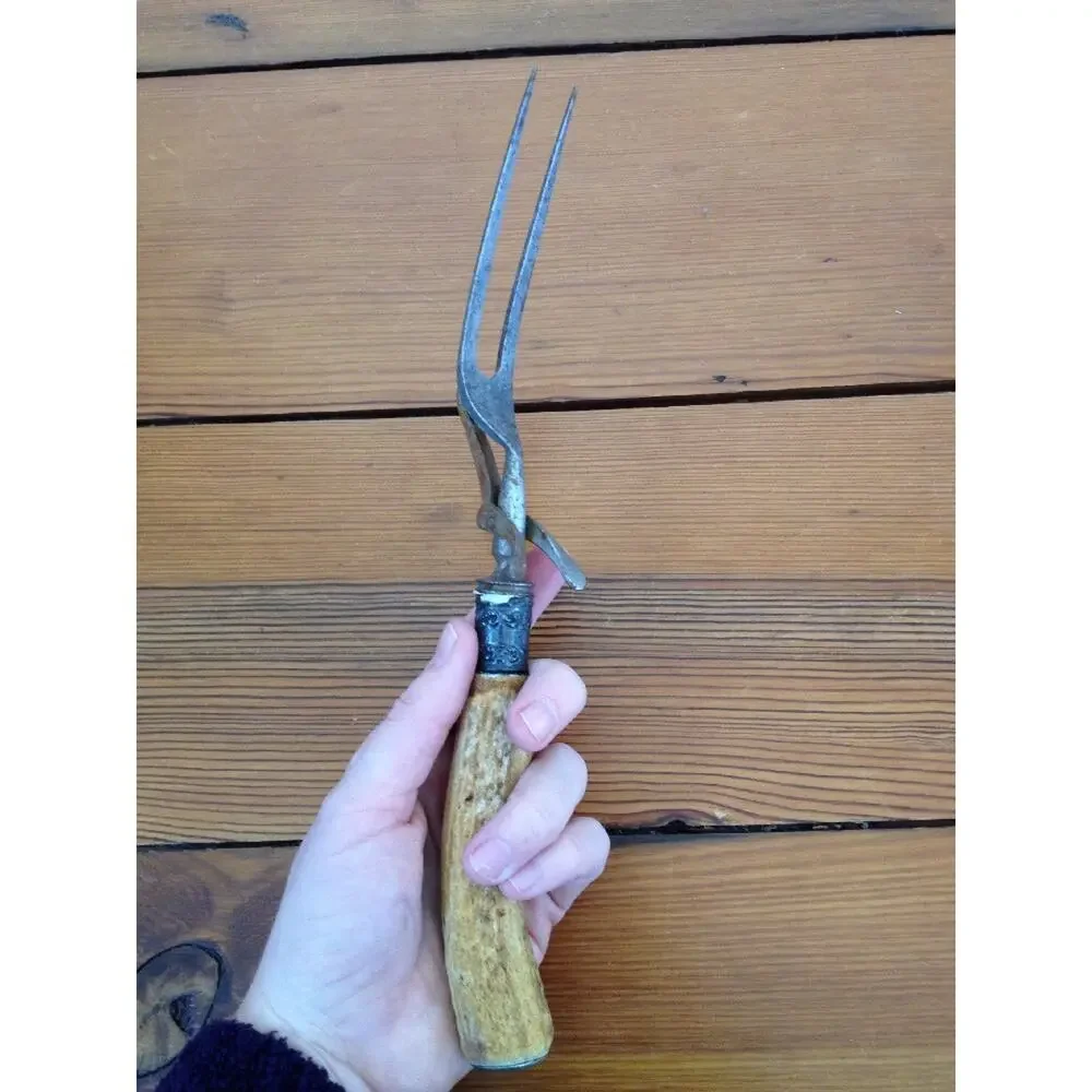 Vintage Antique Cast Metal Serving Carving Fork Natural Bone Antler Handle